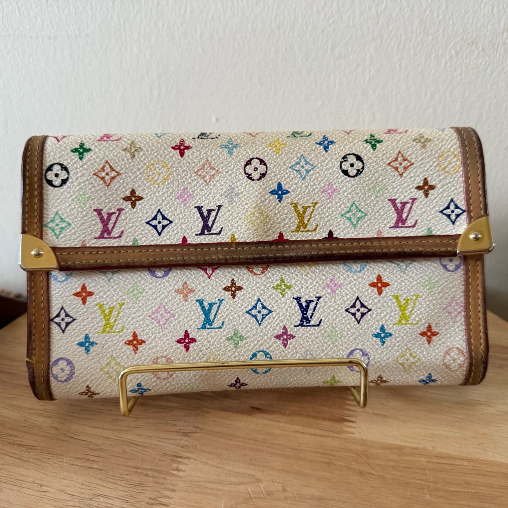 Louis Vuitton White Multicolor Monogram Canvas Clutch with Tan Trim